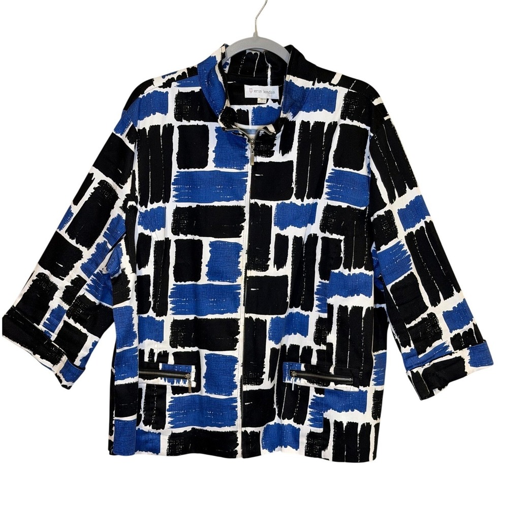 Erin London Womens Jacket Plus 1X Abstract Brushstroke Print Blue Black White‎